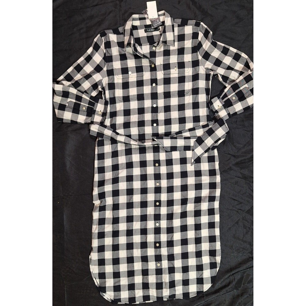 Ralph Lauren Plaid Flannel Shirt Dress Womens 12 Black White Belted Midi Long